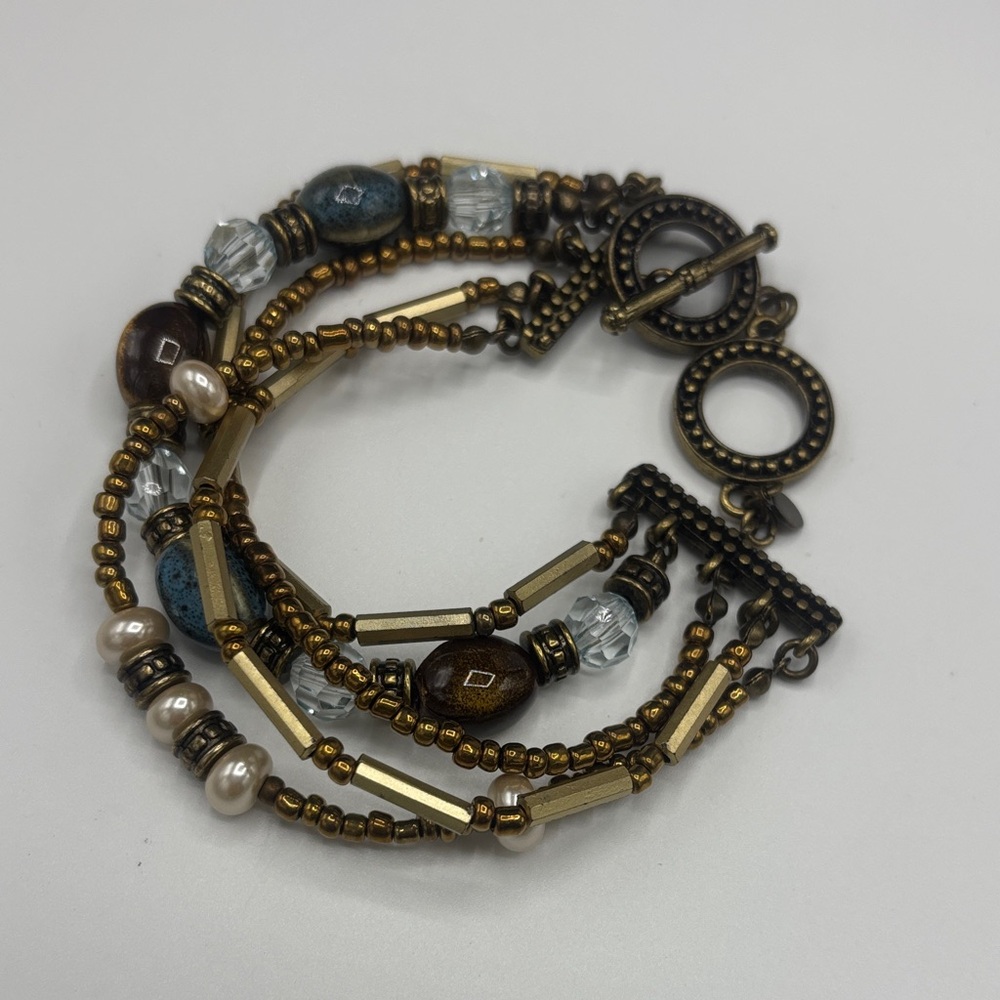 Multi-Row Gold and Blue Beaded Women’s Bracelet